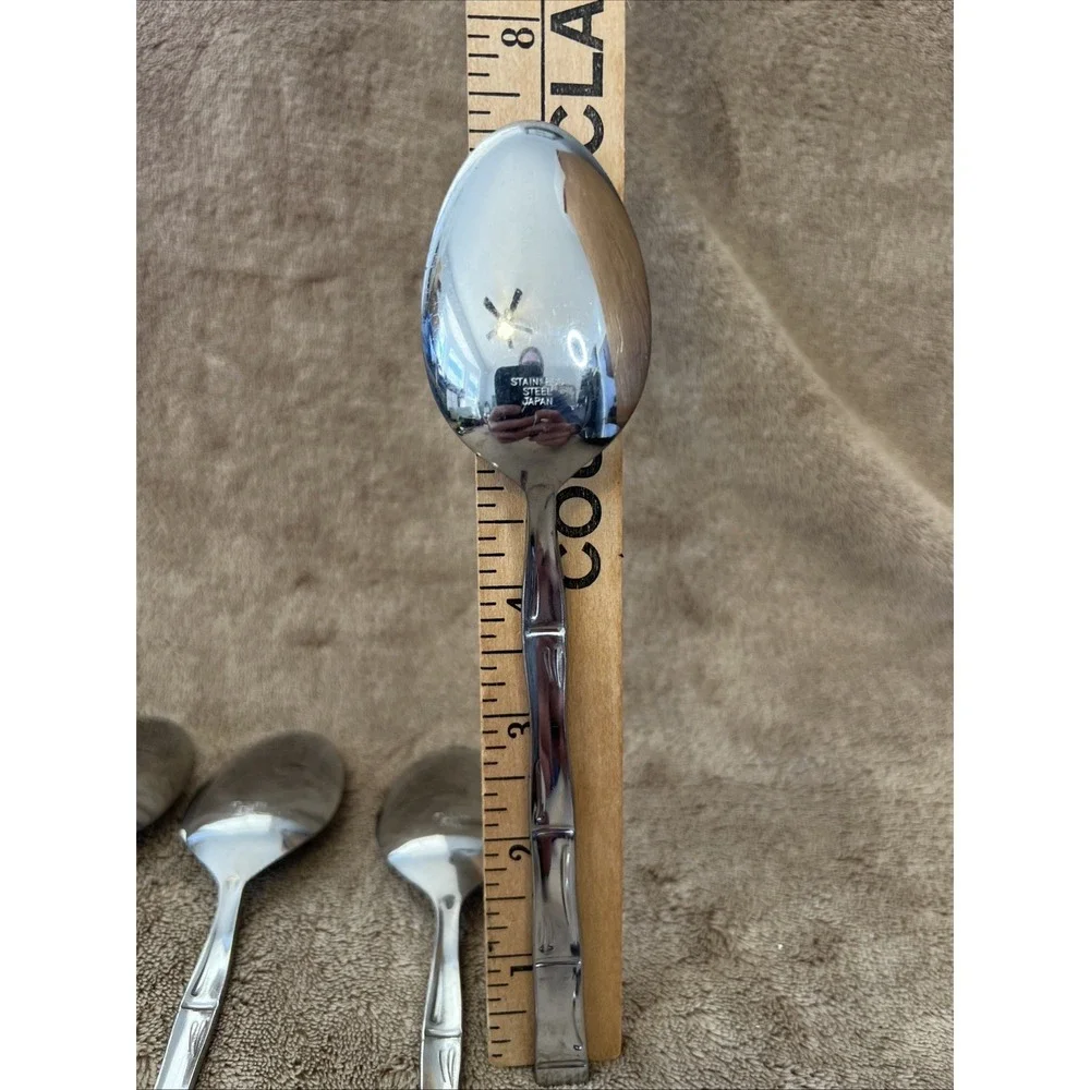 Stainless‎ Steel Japan Oval Soup Spoons Bamboo Pattern Lot Of 4